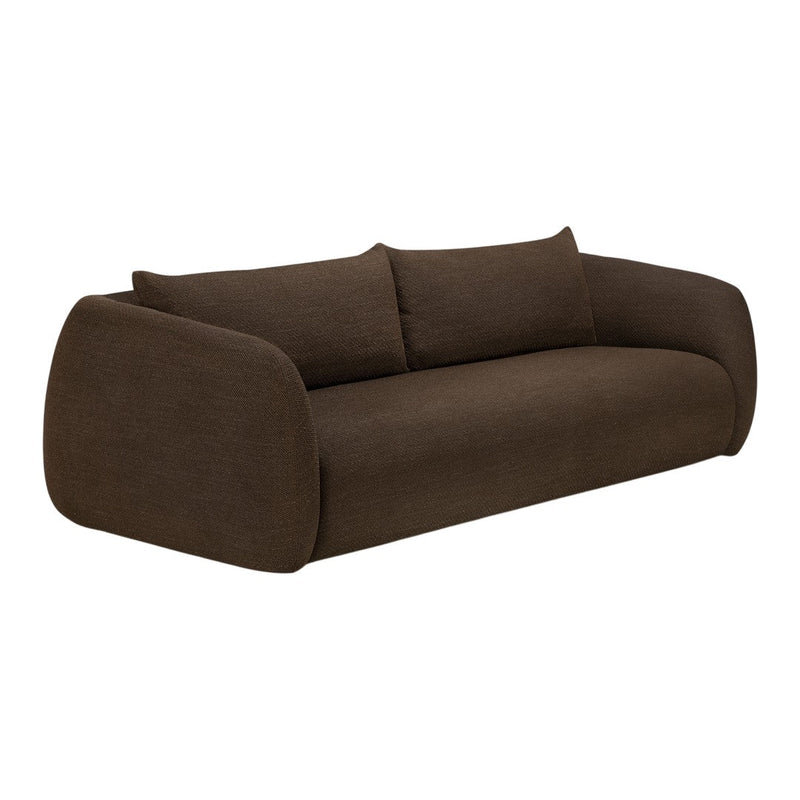 Deep brown sofa with a modern, minimalistic design and smooth, textured fabric. Ideal for stylish living spaces.