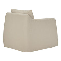 Beige, textured fabric armchair with a smooth, minimalist design and subtle, contemporary lines. Perfect for modern decor.