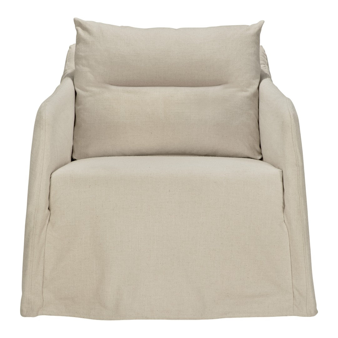 Beige, linen armchair with a simple, textured pattern and plush, removable cushions for a cozy look.