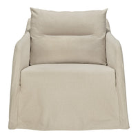Beige, linen armchair with a simple, textured pattern and plush, removable cushions for a cozy look.