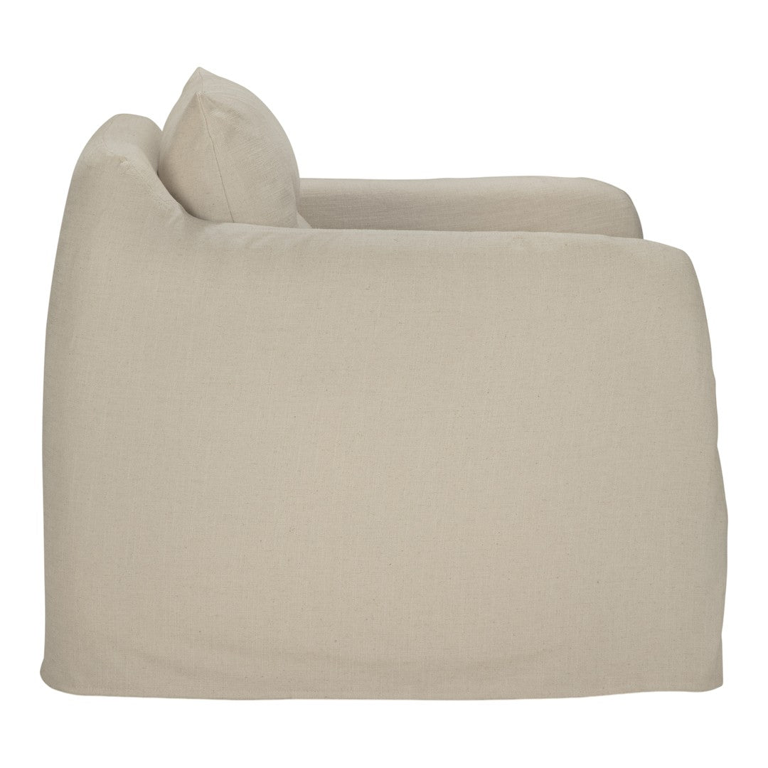 Beige linen chair with a smooth, minimalist design, offering a neutral tone for versatile decor.