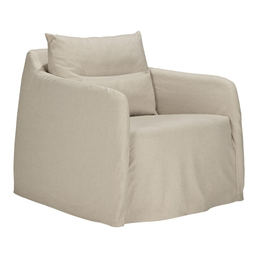 Beige accent chair with a soft, textured fabric and simple, minimalist design. Perfect for modern interiors.