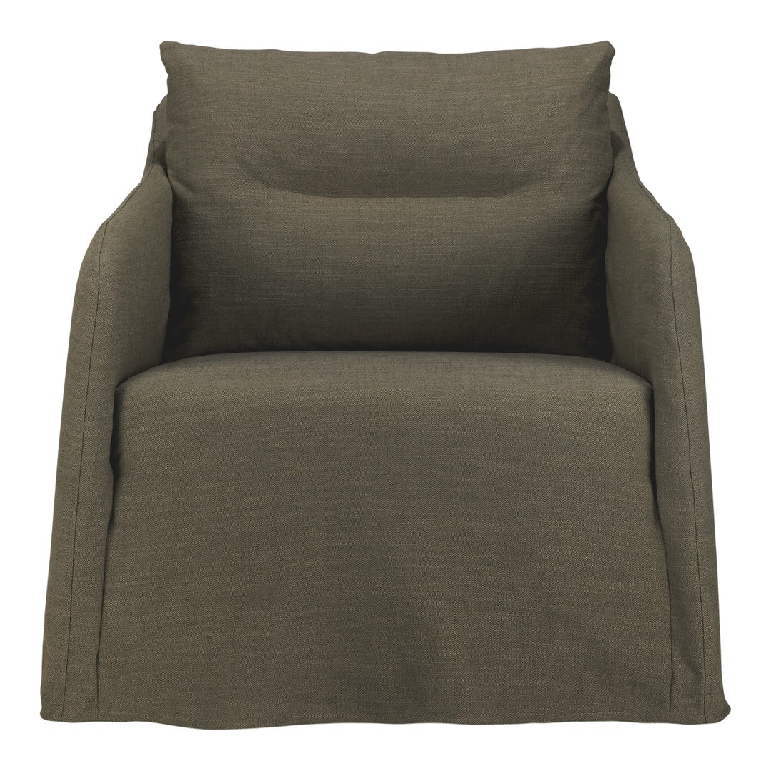 Olive green upholstered chair with a smooth, textured fabric and minimalist design for a modern look.