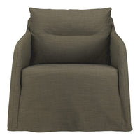 Olive green upholstered chair with a smooth, textured fabric and minimalist design for a modern look.