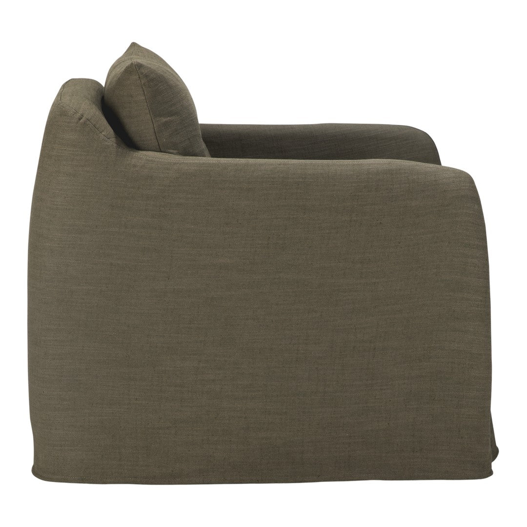 Olive green upholstered armchair with a smooth, textured fabric and minimalistic design. Ideal for modern decor.
