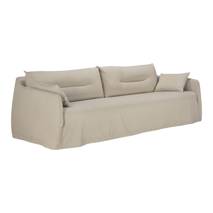 Beige modern sofa with a soft fabric texture, featuring a simple and minimalist design with subtle patterns.