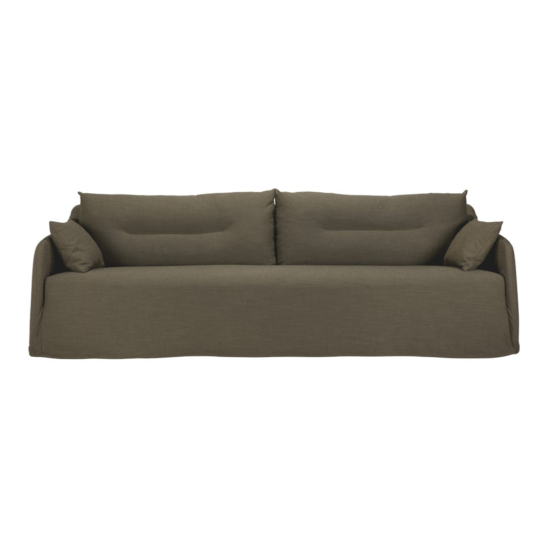 Olive green sofa with a smooth, textured fabric and plush back cushions, featuring a minimalist design.