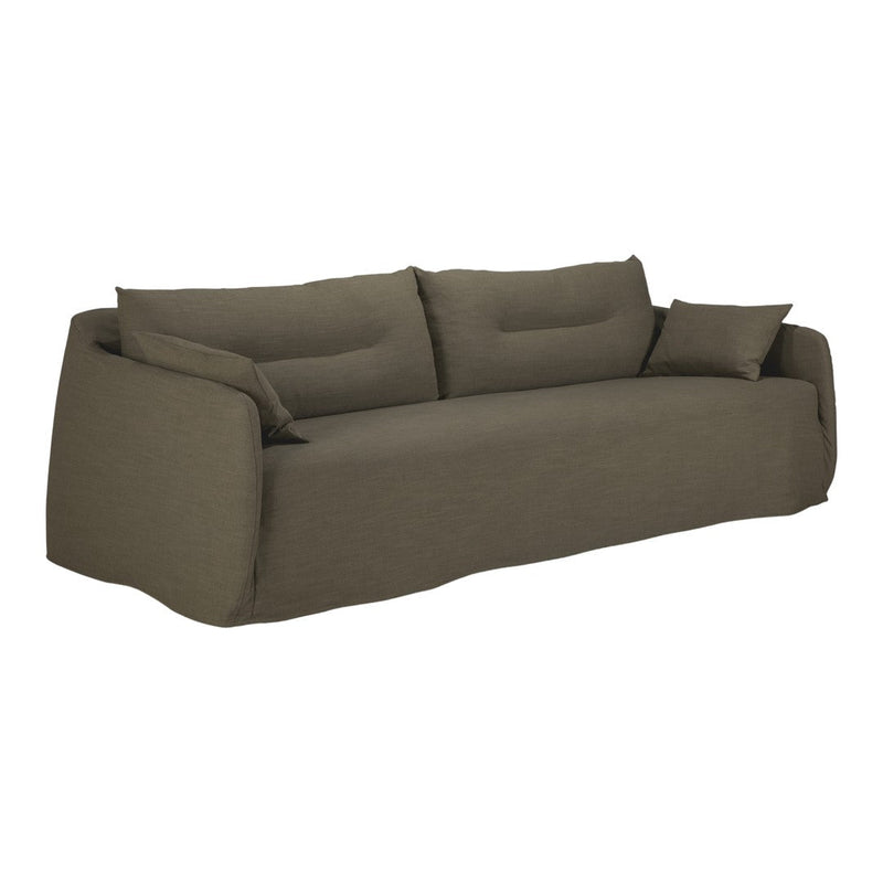 Olive green sofa with textured fabric and smooth, minimalist design, featuring plush cushions for added comfort.
