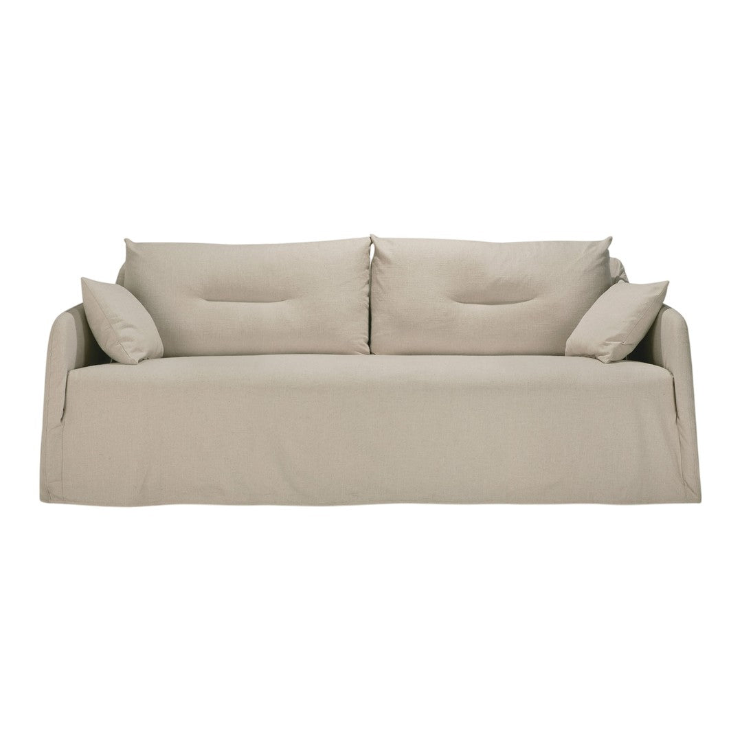 Beige sofa with soft cushions and a minimalistic design, perfect for modern décor.