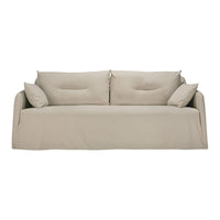 Beige sofa with soft cushions and a minimalistic design, perfect for modern décor.