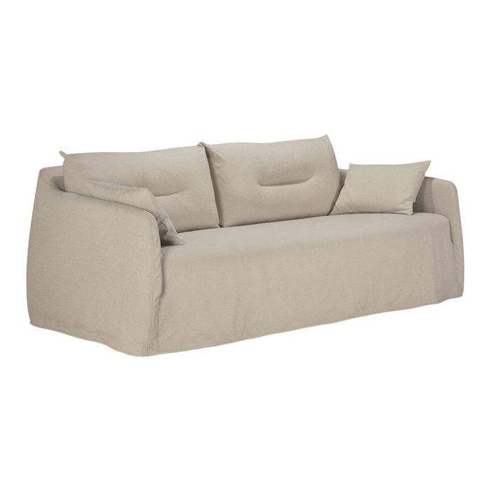 Beige sofa with soft texture and simple, clean lines, featuring three plush cushions for added comfort.