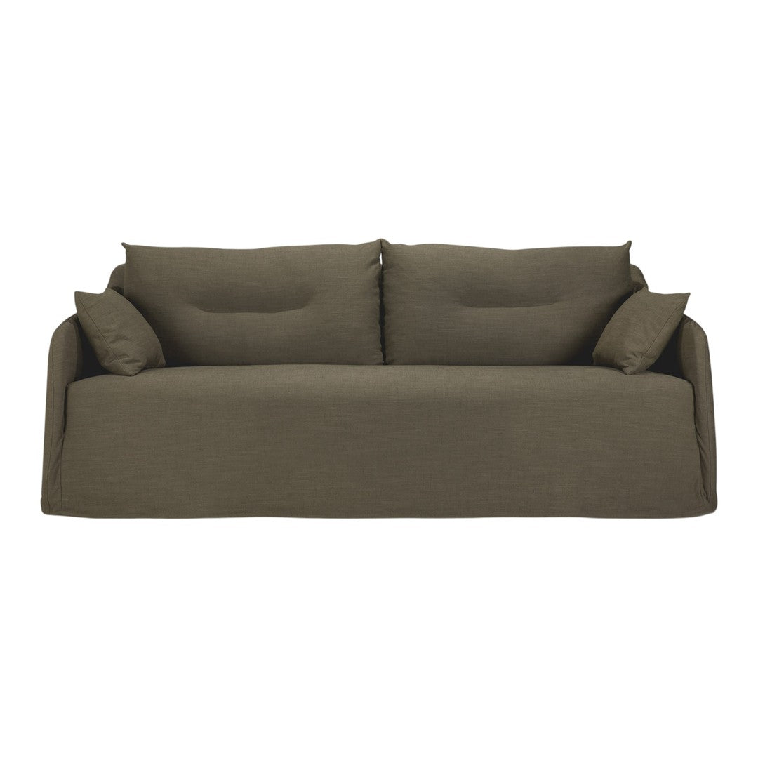 Olive green sofa with a smooth texture and minimalistic design, featuring plush cushions and an inviting look.