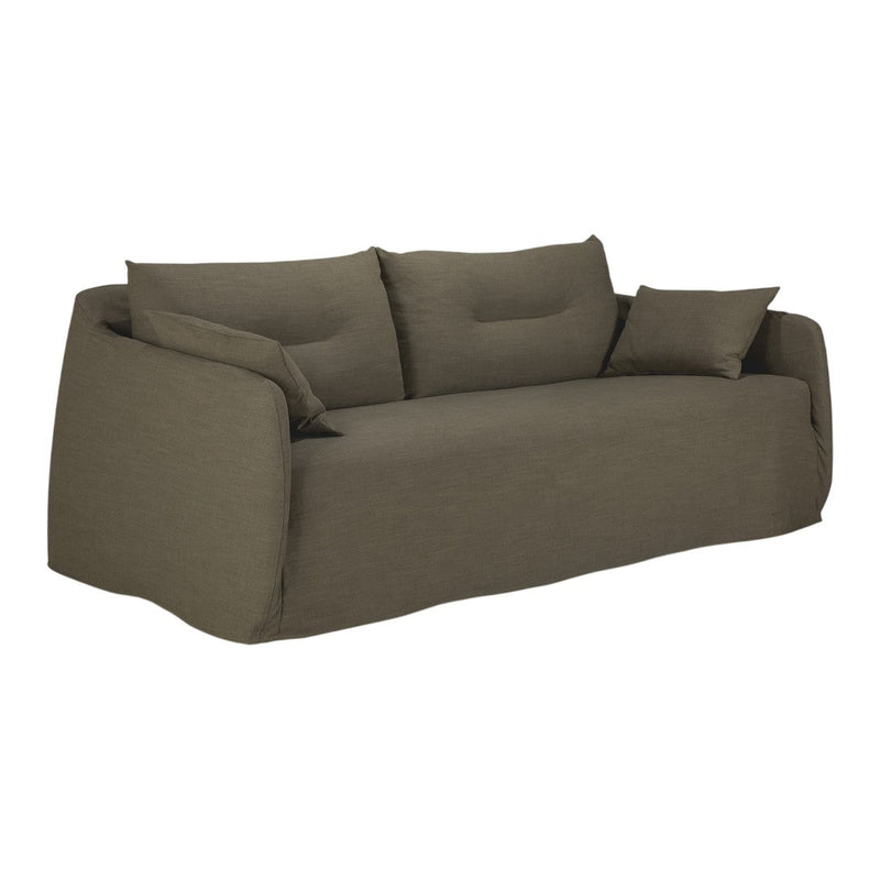 Olive green sofa with a smooth, textured fabric and minimalist design, featuring plush cushions for added comfort.