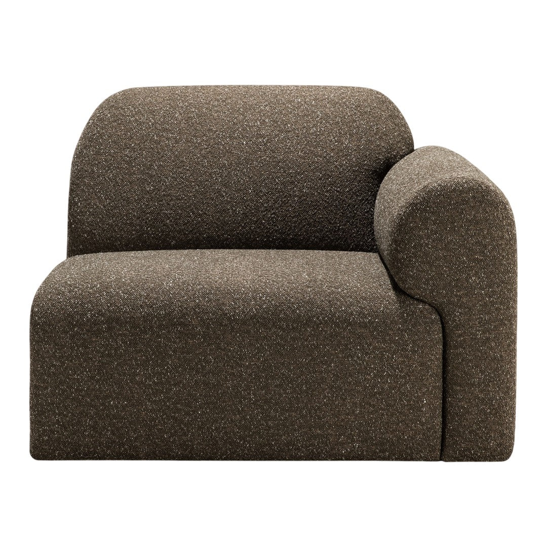 Earthy brown armchair with a soft, textured fabric and a modern, curved design. Perfect for cozy living spaces.