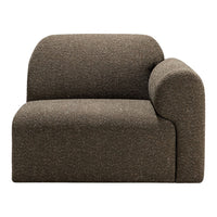 Earthy brown armchair with a soft, textured fabric and a modern, curved design. Perfect for cozy living spaces.