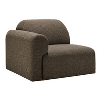 Brown upholstered chair with a smooth, curved design and textured fabric pattern. Ideal for modern interiors.