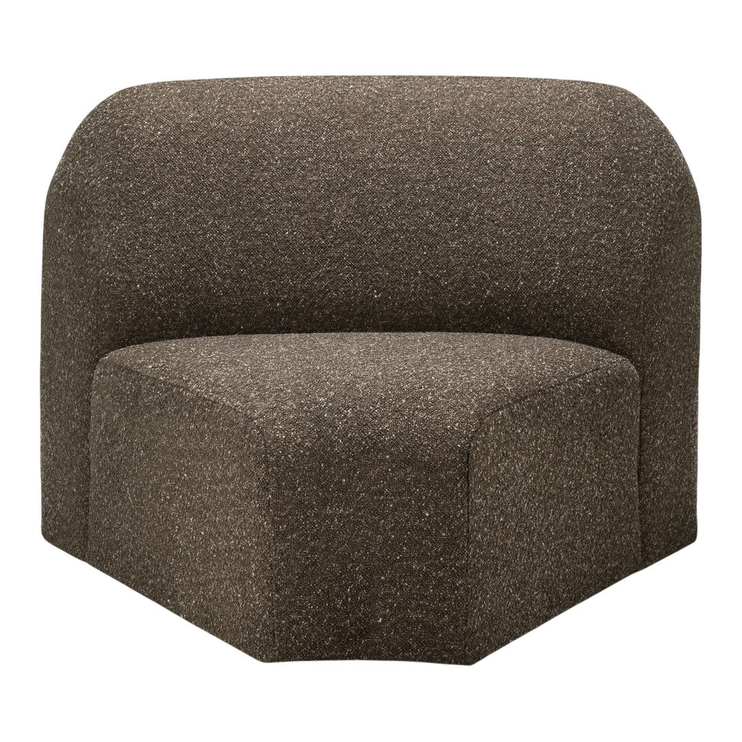 Textured brown upholstered chair with a modern hexagonal shape and soft, rounded edges.