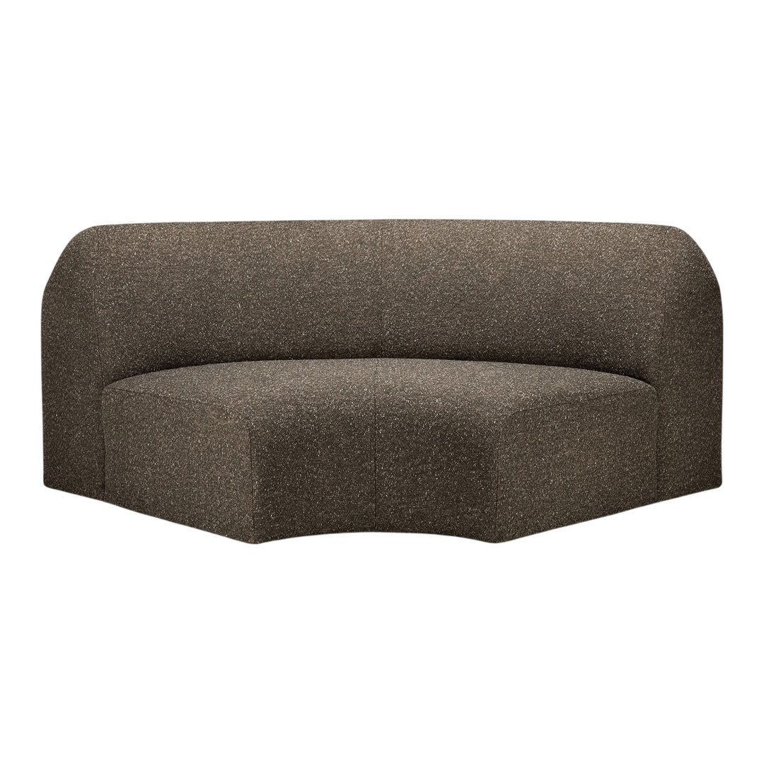 Curved sofa in a textured brown fabric, featuring a modern, minimalist design with no discernible patterns.