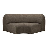 Curved sofa in a textured brown fabric, featuring a modern, minimalist design with no discernible patterns.