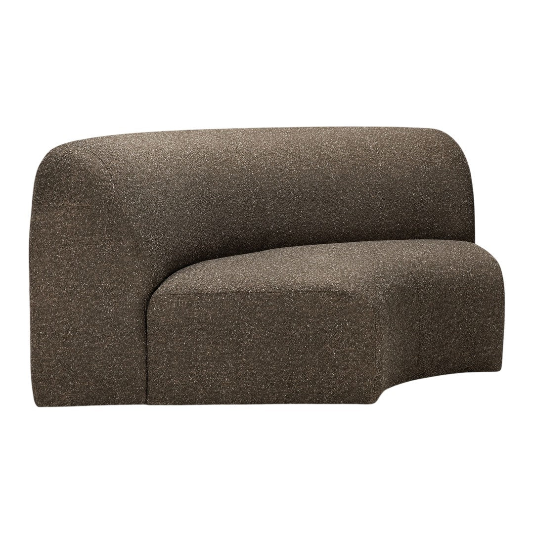 Curved sofa in textured dark brown fabric, featuring a subtle flecked pattern for added depth. Perfect for modern spaces.