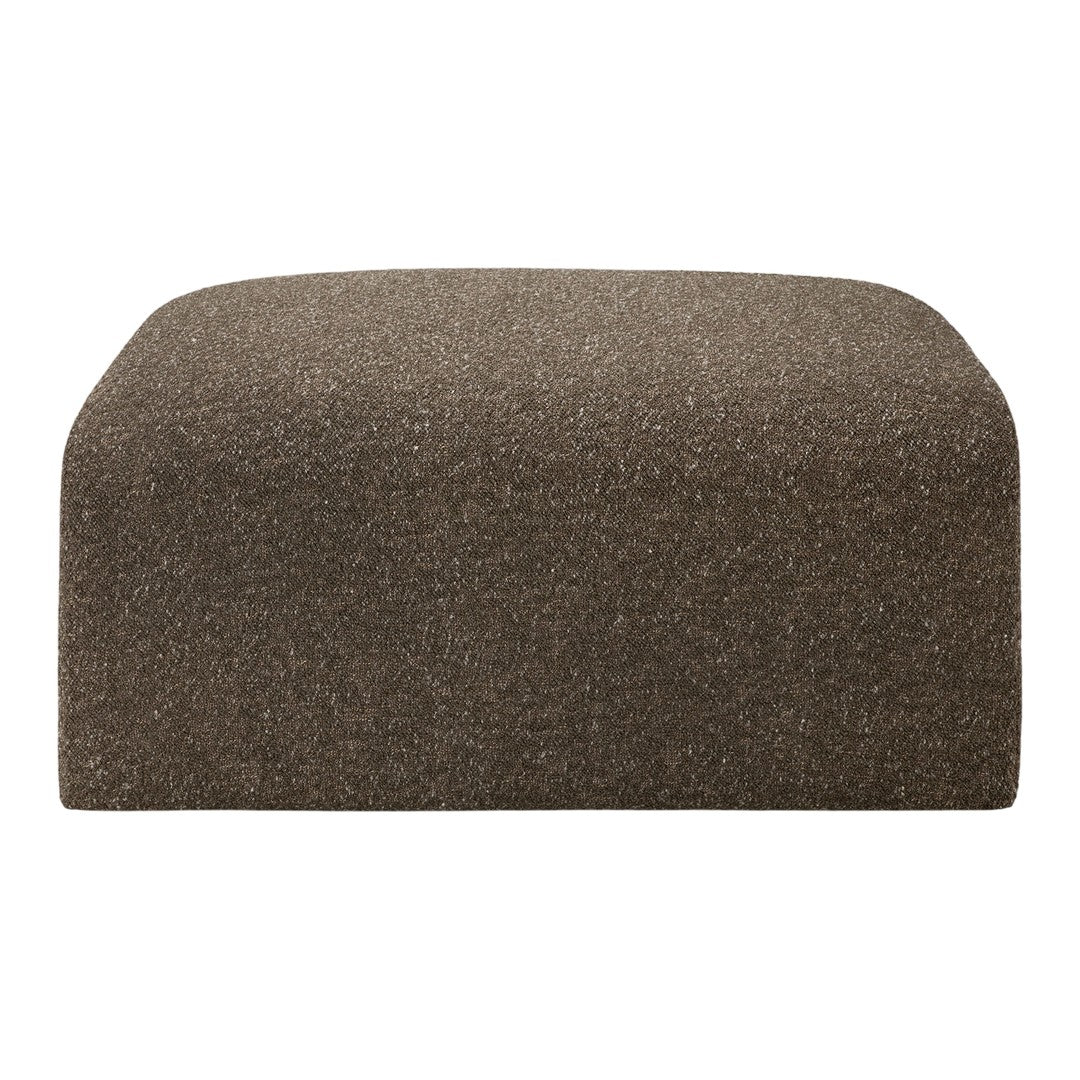 Brown upholstered ottoman with a textured fabric finish. Modern, minimalist design suitable for any decor.