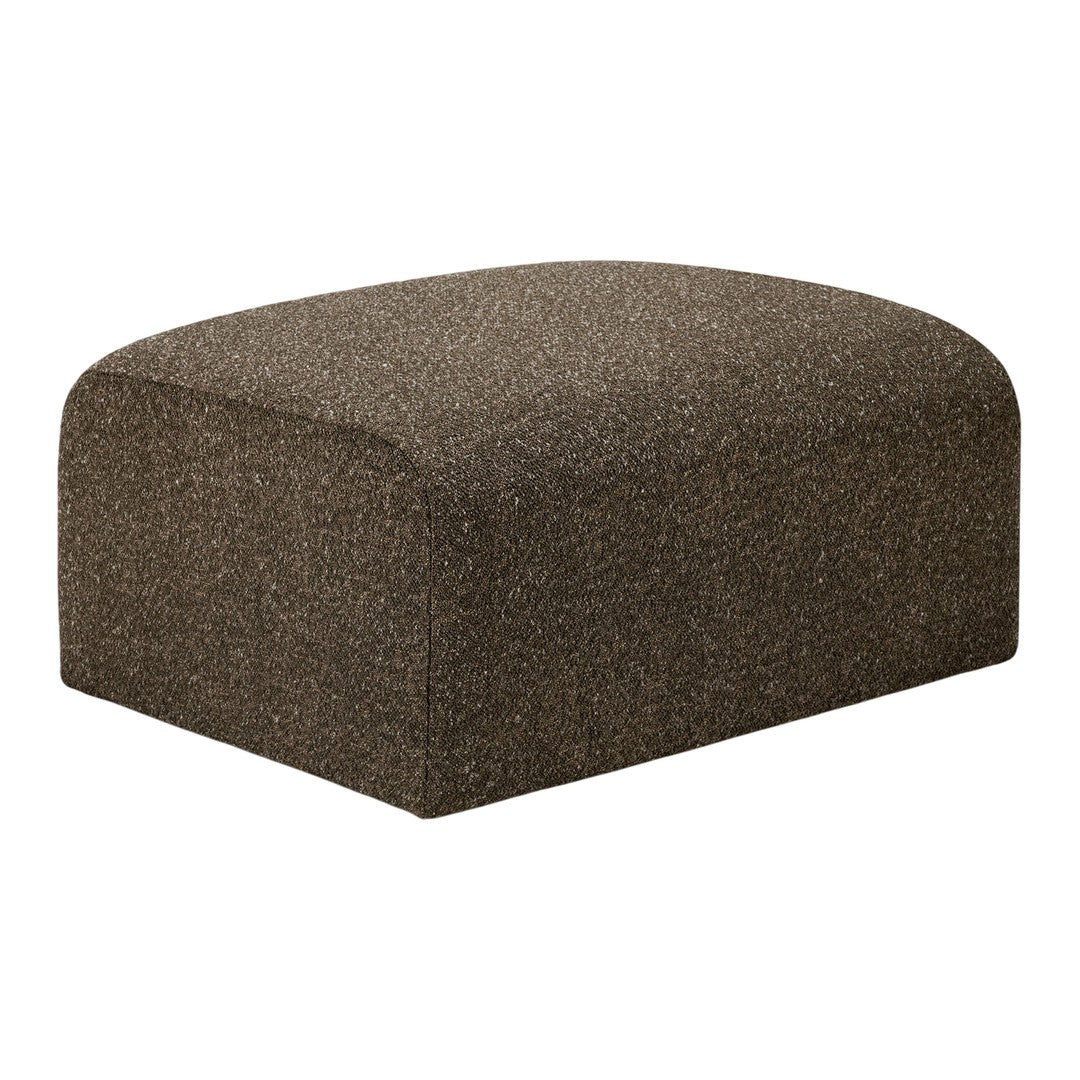 Brown upholstered ottoman with a smooth, rounded design and subtle woven texture. Perfect for modern decor.