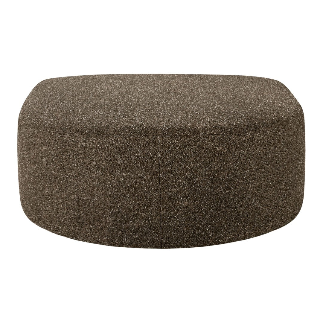 Textured brown oval ottoman with a soft, speckled finish, perfect for modern decor.