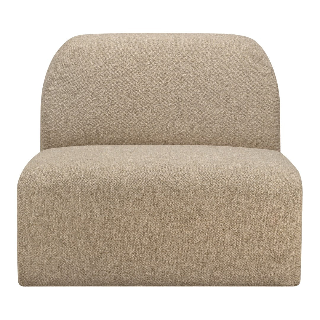 Beige upholstered accent chair with a smooth, minimalist design, featuring rounded edges and no visible patterns.