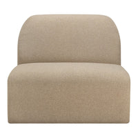 Beige upholstered accent chair with a smooth, minimalist design, featuring rounded edges and no visible patterns.
