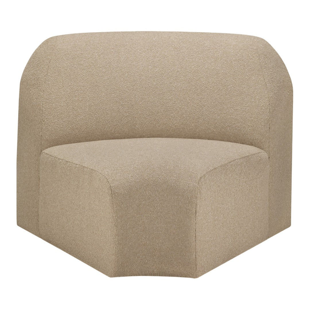 Beige upholstered chair with a smooth, modern design and subtle textured fabric. Perfect for any contemporary space.