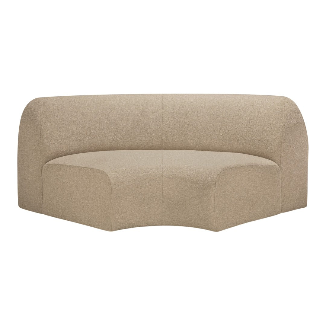Beige curved sofa with a smooth texture and minimalist design, perfect for modern interiors.