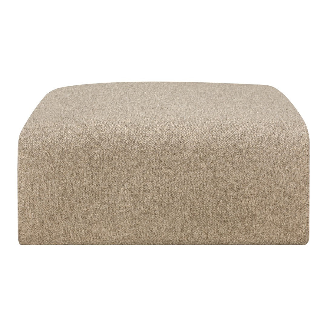 Beige upholstered ottoman with a smooth, subtly textured surface. Ideal for modern home decor.