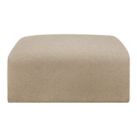 Beige upholstered ottoman with a smooth, subtly textured surface. Ideal for modern home decor.