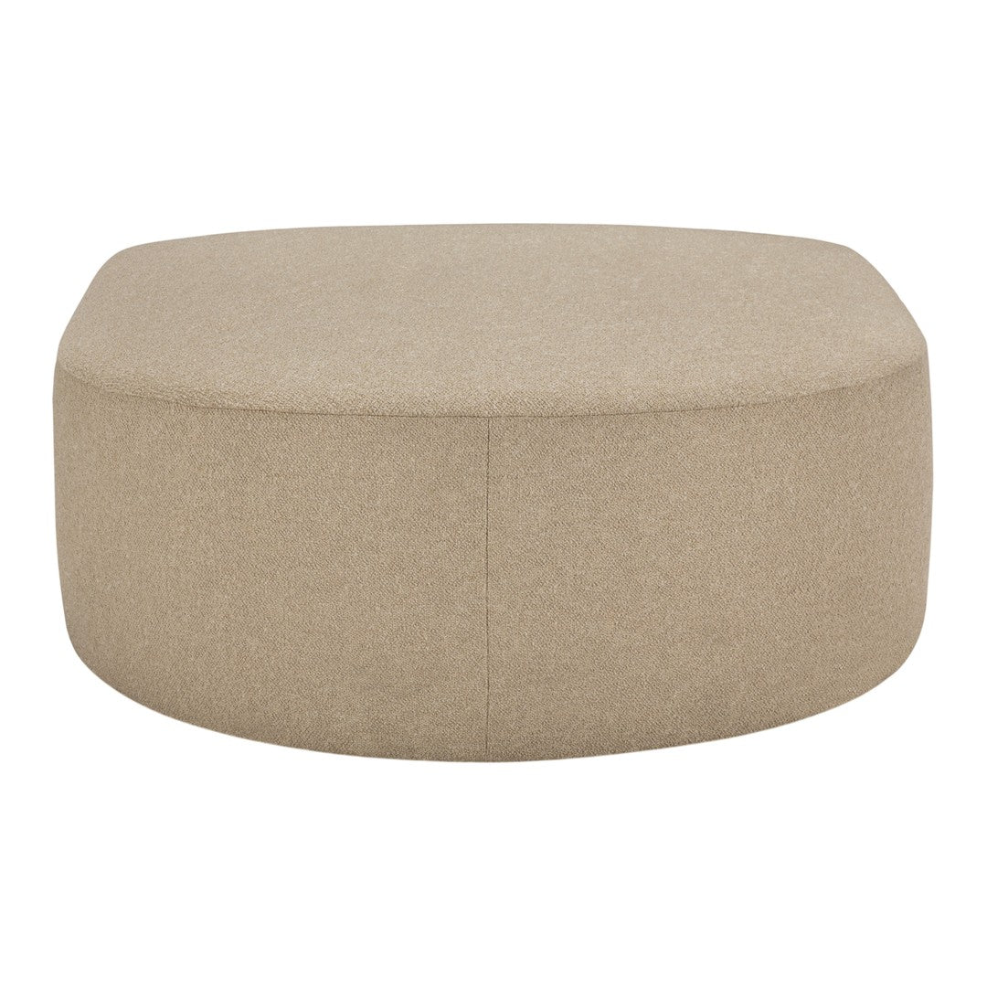 Beige round upholstered ottoman with a smooth, minimalist design and no visible patterns or textures.