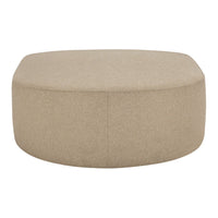 Beige round upholstered ottoman with a smooth, minimalist design and no visible patterns or textures.