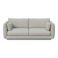 Light gray upholstered sofa with smooth texture and minimalistic design, featuring rounded cushions and clean lines.