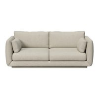 Beige sofa with smooth texture and minimalist design, featuring round armrests and plush cushions.