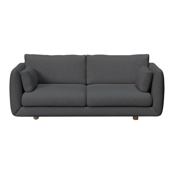Sleek gray upholstered sofa with minimalist design and soft, rounded edges. Ideal for modern living spaces.