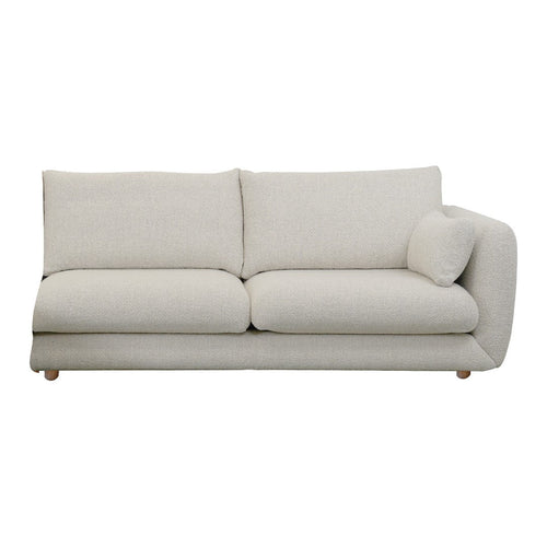 Light beige, textured upholstery sofa with a curved arm and plush cushions, perfect for modern interiors.