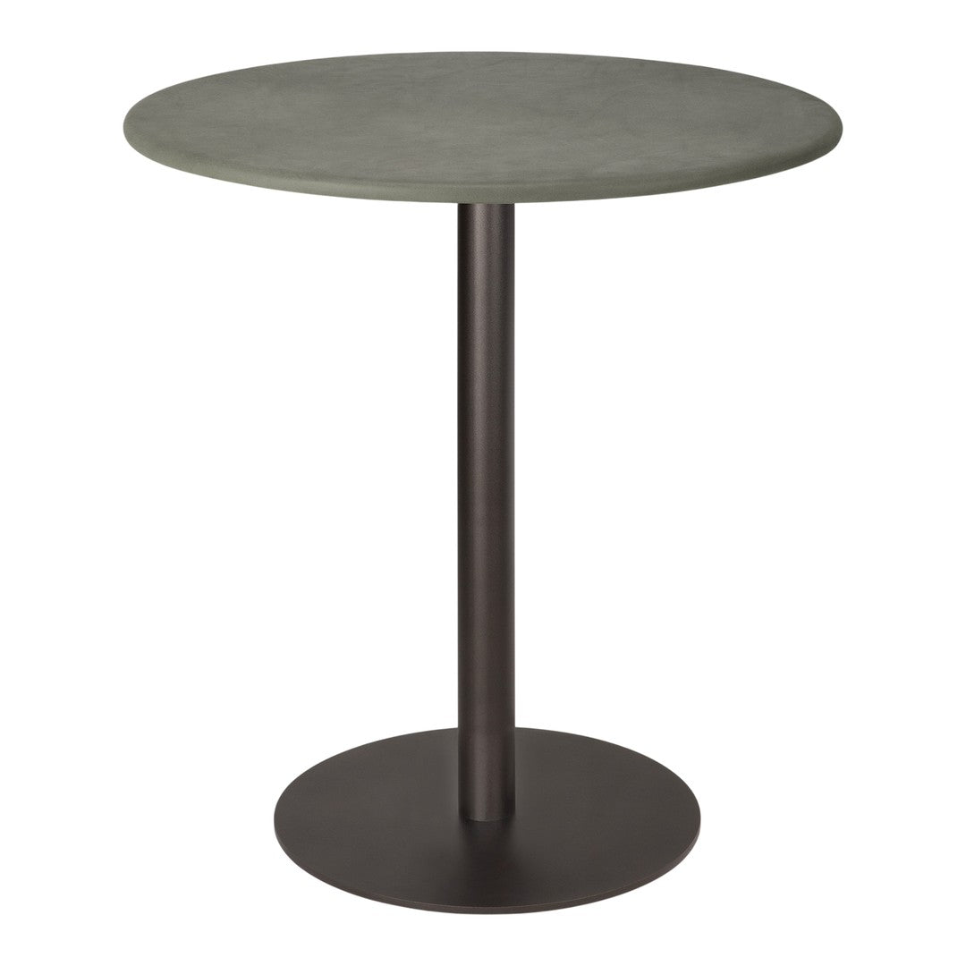 Round table with a matte grey top and a sleek black metal base, featuring a modern and minimalist design.