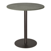 Round table with a matte grey top and a sleek black metal base, featuring a modern and minimalist design.
