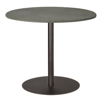 Round gray tabletop with a sleek black metal base, featuring a modern minimalist design. Perfect for contemporary spaces.