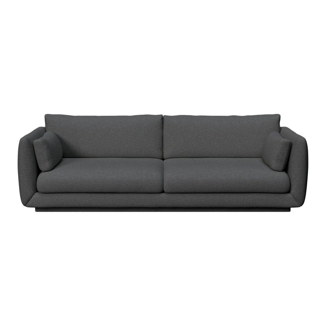 Plush gray sofa with a simple, solid fabric design and clean lines, perfect for modern living spaces.