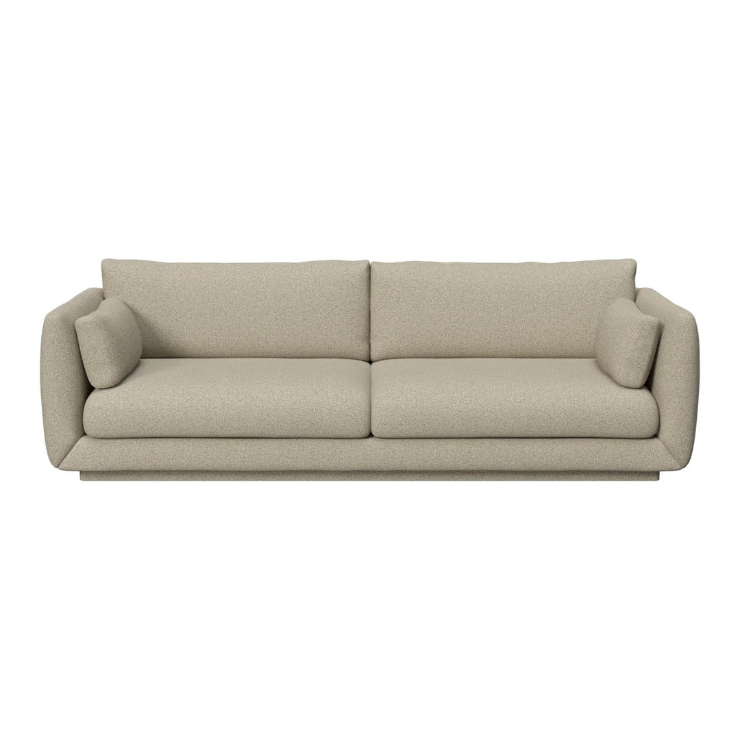 Beige sofa with a smooth, textured fabric and minimalist design, featuring no patterns for a sleek look.