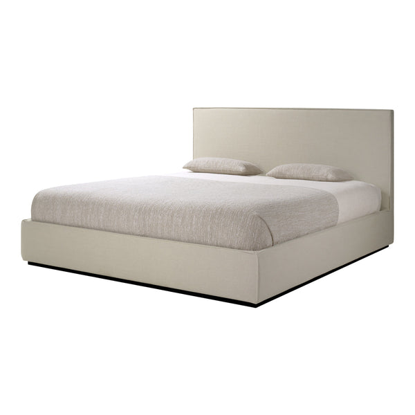Modern cream upholstered bed frame with a smooth texture and minimalist design. Neutral tones for versatile decor.