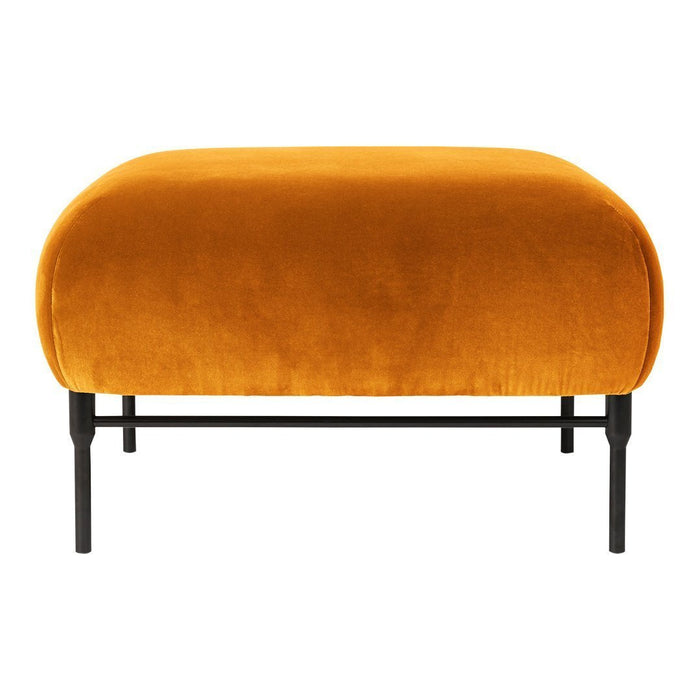 Velvet orange ottoman with a rounded top and sleek black metal legs, perfect for modern decor.