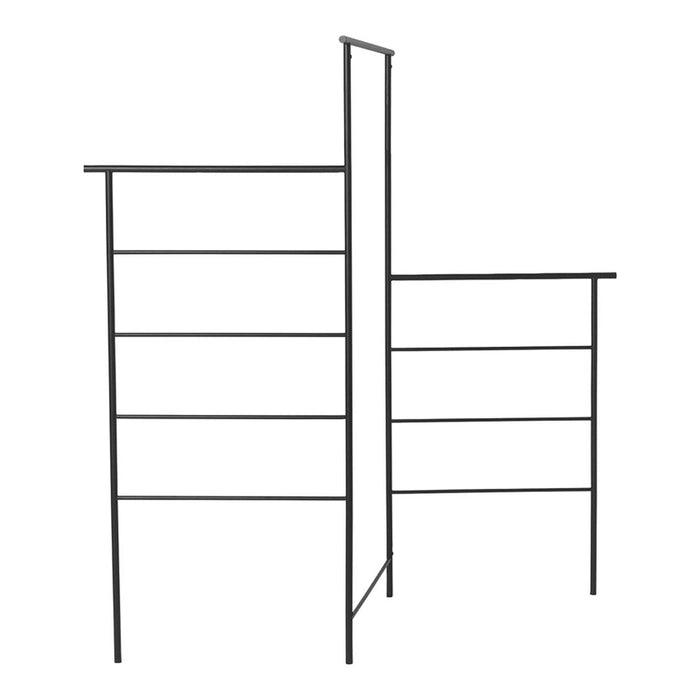 Black metal rack with sleek lines and minimalistic design, featuring horizontal and vertical bars for a modern look.