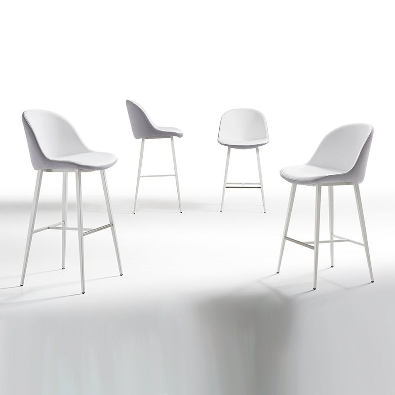 Four modern bar stools in sleek white with smooth, curved seats and minimalist white metal legs.