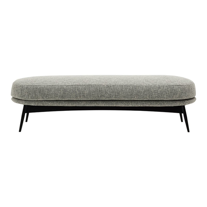 Gray upholstered ottoman with smooth, minimalist design and black metal legs for a modern touch.