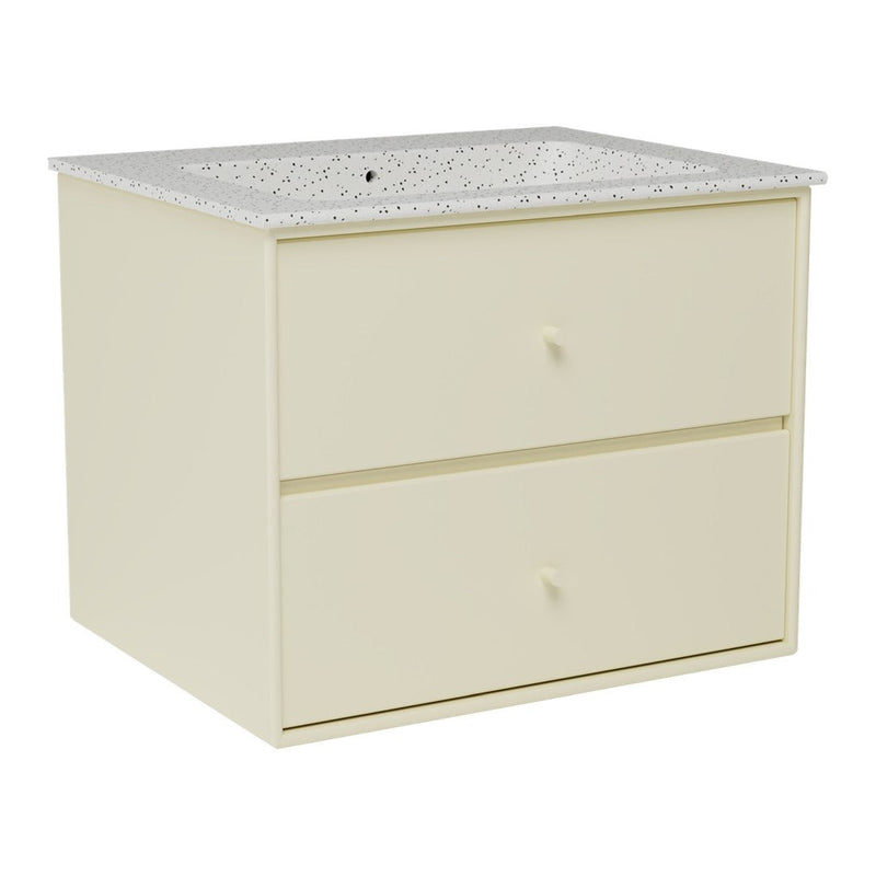 Light cream cabinet with a speckled white countertop and smooth surface, featuring two spacious drawers.